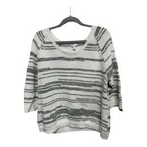 J Jill Pure Jill Women Sweater White Gray Stripe 3/4 Slv Petite XL Cotton Blend